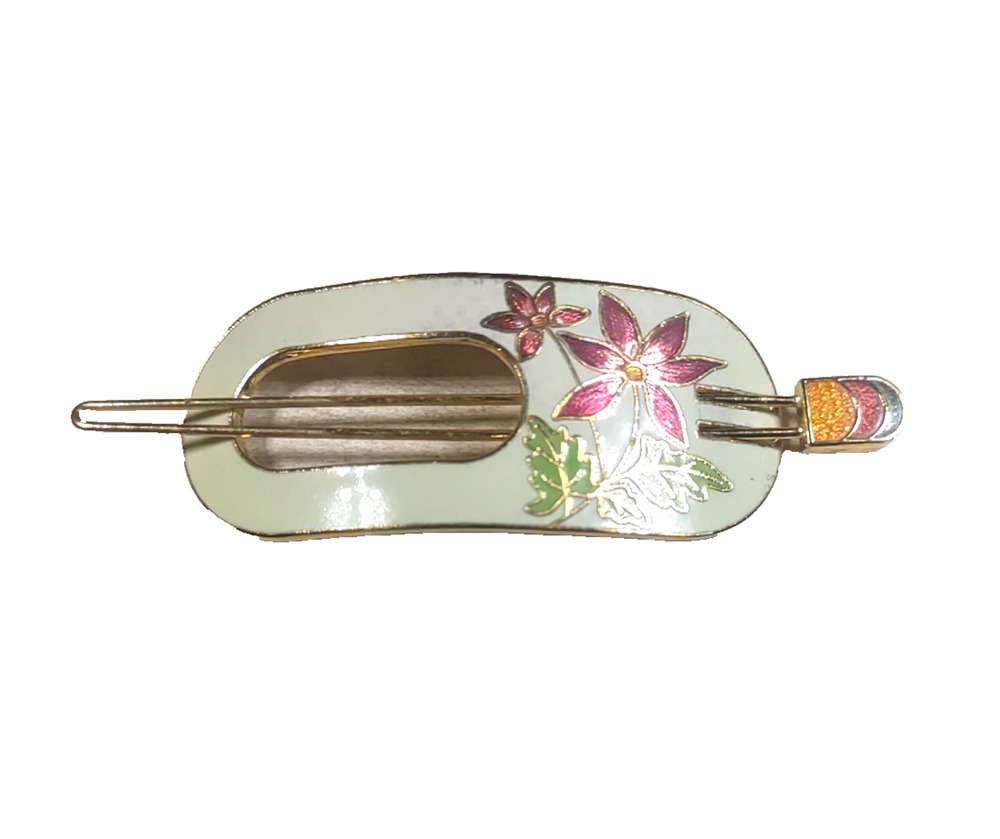 Pony Tail Holder Small Enamel White Pink Green Floral Asian Design